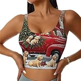 Women Girls Yoga Bras U-Shaped Back Comfy Athletic Tops Padded Sleeveless Activewear for Gym Exercise, Red Truck Christmas Tree Puppies Dog Snowy Village