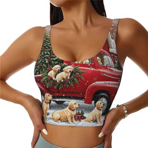 Women Girls Yoga Bras U-Shaped Back Comfy Athletic Tops Padded Sleeveless Activewear for Gym Exercise, Red Truck Christmas Tree Puppies Dog Snowy Village