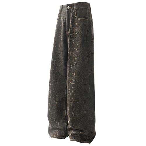 Men's Dark Leopard Print Wide Leg Jeans Loose Fit Classic Denim Pants Animal Print Trousers3