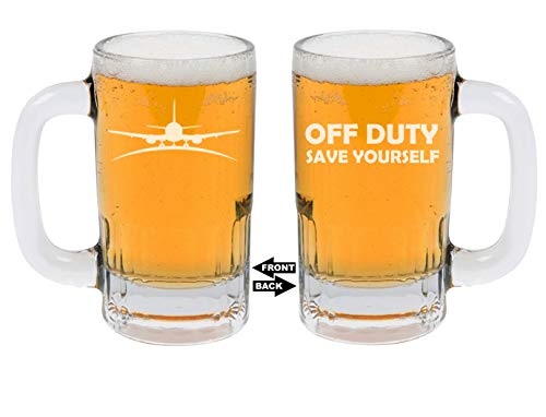 MIP Brand 12oz Beer Mug Stein Glass 2 Sided Airplane Pilot Flight Attendant Off Duty Save Yourself Funny