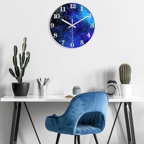 Image of XFM Blue Space Galaxy Wall Clock 12 Inch Silent Non-Ticking | Battery Operated Round Modern Glass Decorative for Living Room Kitchen Bedroom Office