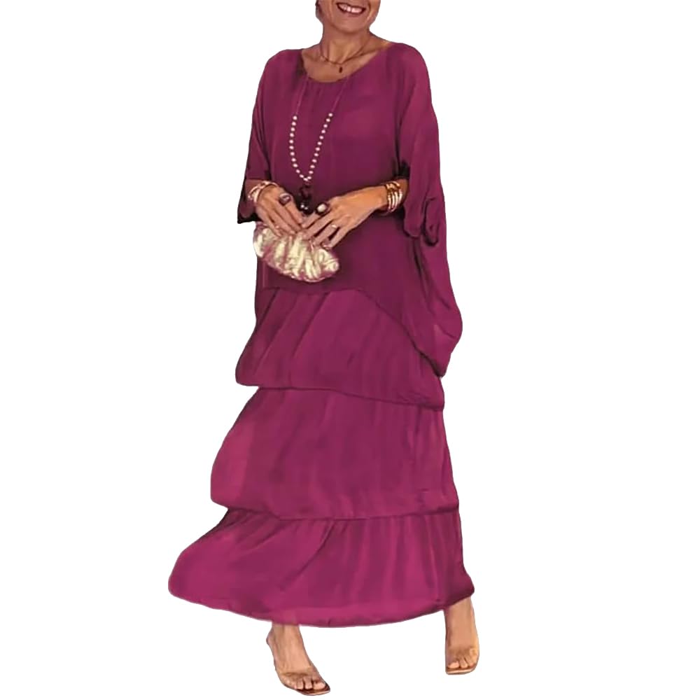EUUDROBY Vestido Suelto de Estilo artístico, Vestidos Largos de Verano de Talla Grande con Cuello Redondo y Manga