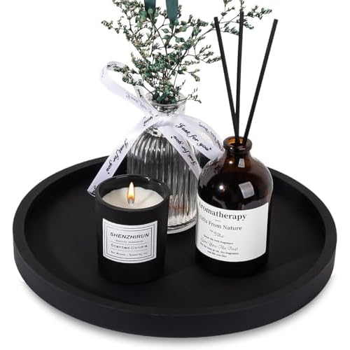 Silicone Bathroom Tray Round Vanity Tray Decorative Soap Holder Kitchen Countertop Organizer Coffee Table Decor for Candle, Perfume, Plant (Black, 9″)