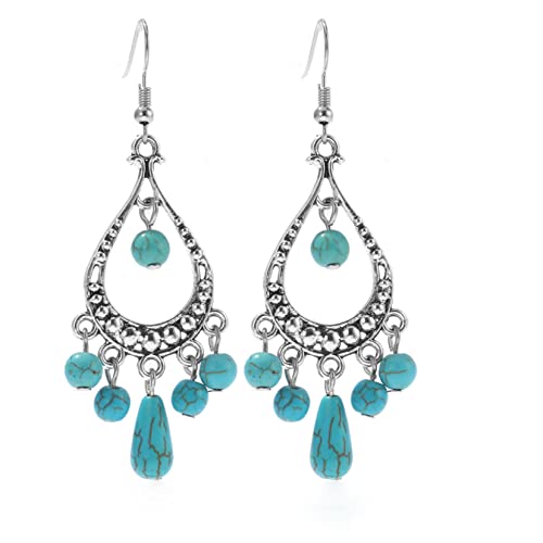 ZBOMR Pendientes Turquesa, Boho Pendientes Vintage Colgantes para Mujeres Niñas Pendientes Turquesa Plata Etnico Bohemios Colgantes Retro Occidentales de Joyas de Turquesa Bohemia (Estilo 2) Cover