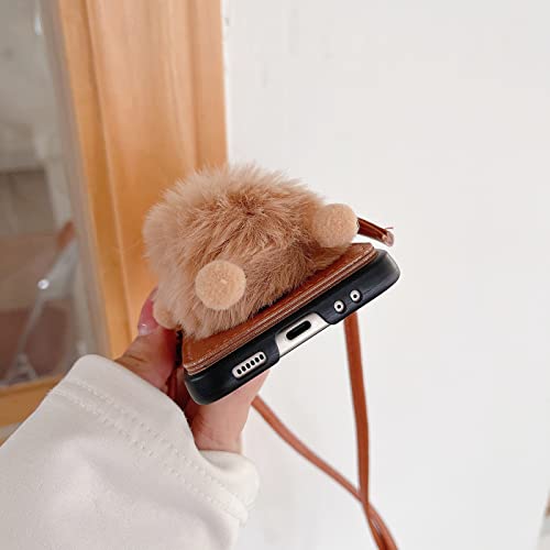 Yatchen For Samsung Galaxy Z Flip 4 Wallet Case,Cute Furry Toy Luxury Brown Card Package Phone Cases With Leather Lanyard Flip Shockproof Protector For Galaxy Z Flip 4 5G 2021 Women Girls #TOP4