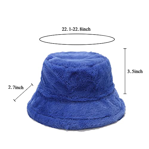 Winter Plush Fuzzy Bucket Hat Fluffy Faux Fur Fisherman Hats For Women (Blue) #TOP3