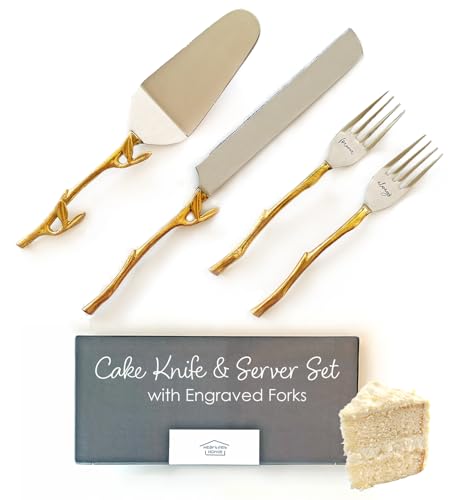 Wedding Cake Knife and Server Set with Gold Leaf Handles by Heartfelt Homie. 4 Piece Cutting Set Includes Cake Cutter, Pie Serving Spatula and Engraved Forks for Bridal Gifts and Registry Ideas.