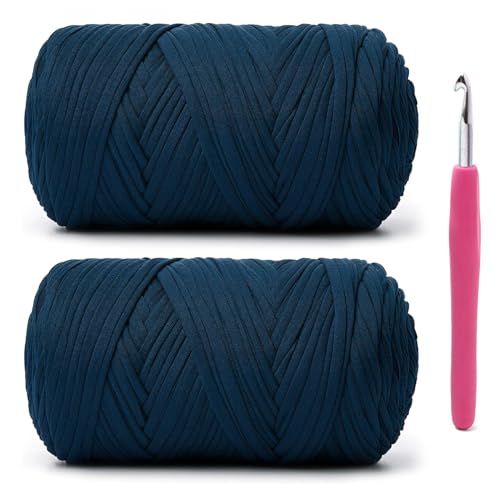 Image of 2 Pack Soft Tshirt Crochet Yarn, 800g /228yds High Elastic Hand Knitting Yarns, Thick T Shirt Yarn for Crocheting Bags, Baskets, Cushions, DIY Crafts (Denim Blue + Denim Blue)