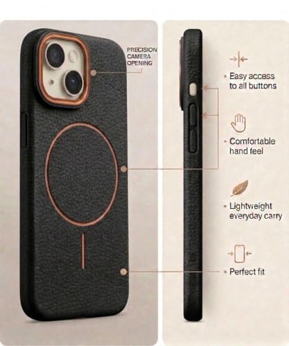 Image of amazon basics Luxury MagSafe Compatible Leather Texture Back Cover for iPhone 13 | Raised Camera Protection | Slim Fit Shockproof Case with Metallic Accents (Black)