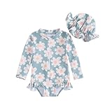 DivingBirds Baby Mädchen Badeanzug mit Sonnenhut, Kleinkind Langarm Badeanzüge Einteiliger Schwimmanzug Blau für 18-24 Monate