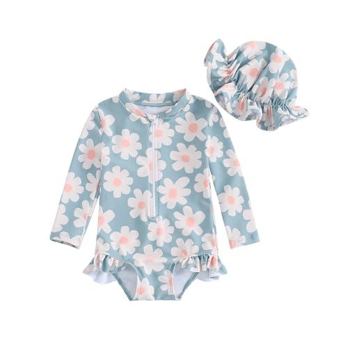 DivingBirds Baby Girls Swimming Costume, Toddler Girls Swimsuit with Sun Hat Infant Swimwear Blue for 18-24 Months