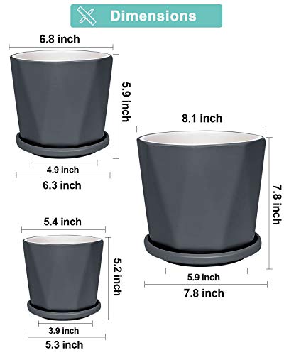 Gray Ceramic Geometric Indoor Plant Pot with Tray - Set of 3 Middle and Large Modern Planter (5.4\" 6.8\" 8.1\"), Diamond Texture Flower Pots with Drainage Hole and Saucer for Indoor Outdoor Plant - Thumbnail 2