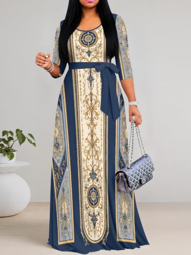 Image of Women's V Neck Floral Maxi Dress 3 /4 Sleeve Plus Size Boho Wrap Flowy Long Dresses with Belt