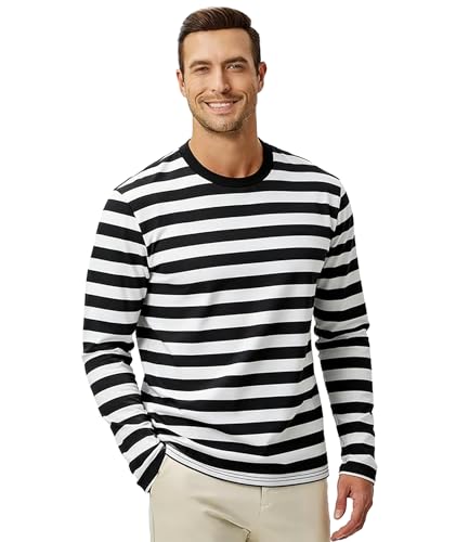 Image of KESIHAN Mens Striped Long Sleeve Shirt Crewneck Casual T-Shirt Basic Stripe Cotton Spandex tee Shirt