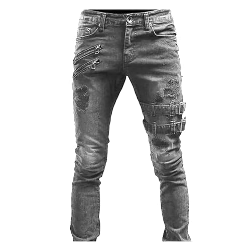 Men's Ripped Tapered Leg Denim Pants Skinny Fit Stretch Moto Biker Jeans Hip Hop Zipper Distressed Jeans