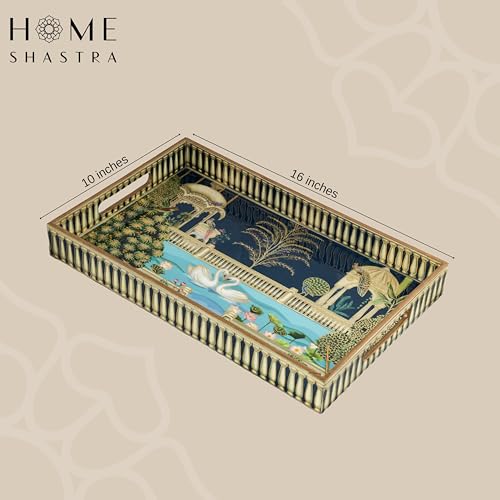 Image of Swan Wooden Serving Tray with Gold Engraving | Pack of 1 | Size : 16 x 10 inch | Enamel Coated Waterproof | Rectangular | Swan Large