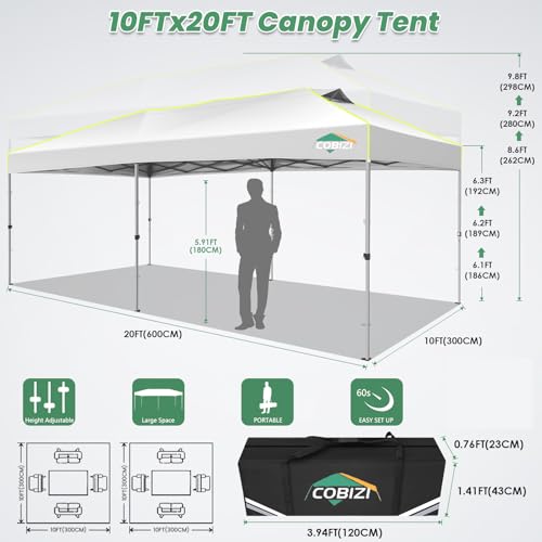 Image of COBIZI 10x20 Pop Up Canopy Tent Without Removable Sidewalls, One Push Party Tent Outdoor Waterproof Event Canopy with Air Vent for Parties Commercial Wedding, 3 Height, Carry Bag, Sandbag, White