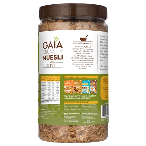 Image of Gaia Diet Muesli - Healhty Diet Food - Power of Multigrain Oats,Wheat Flakes,High Fiber - Super Tasty and Delicious - Sugar Free Breakfast Cereal 1KG Jar(Pack of 2)