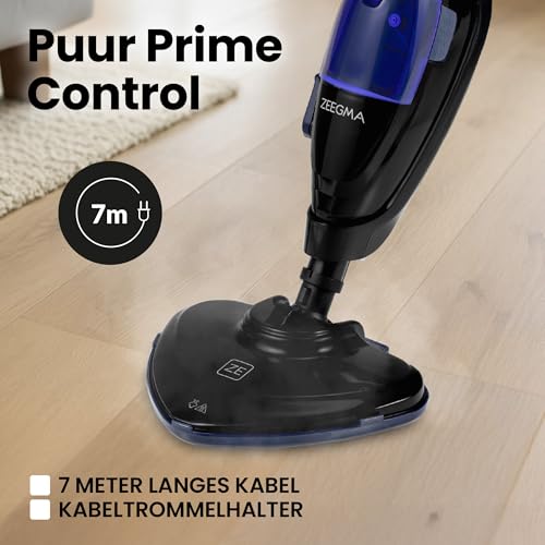 Zeegma Dampfmopp Handdampfreiniger Puur Prime Control 13 in 1 Düsenset für Böden, Teppiche, Fliesen, Fugen, Fenster, Stoffe, reinigungsmittelfreie Reinigung, zusammenklappbar, 1500 W, 400 ml