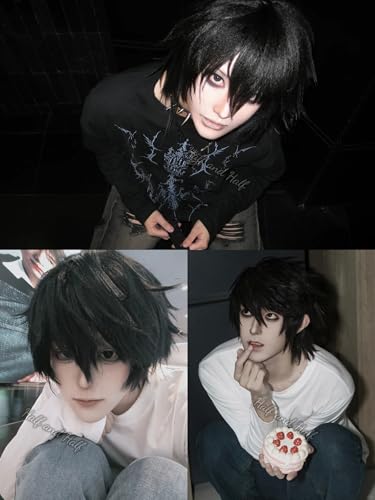 Image of Half and Half Short Black Anime L Note Cosplay Wig for Men Black Emo Costume Gothic Male Wigs with Bangs Layers for Women Unisex Halloween Party