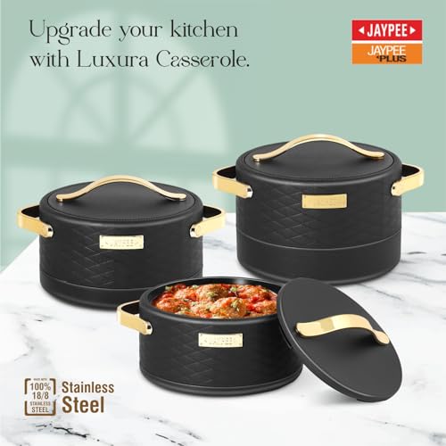 Image of JAYPEE Luxura Inner Stainless Steel Serving Casserole Set of 3 Elegance Unique Design PU Insulated 100% Food Grade with Lockable Lid, Chrome Plated Handle Hot Case | 1500, 2000, 2500 ml, Black