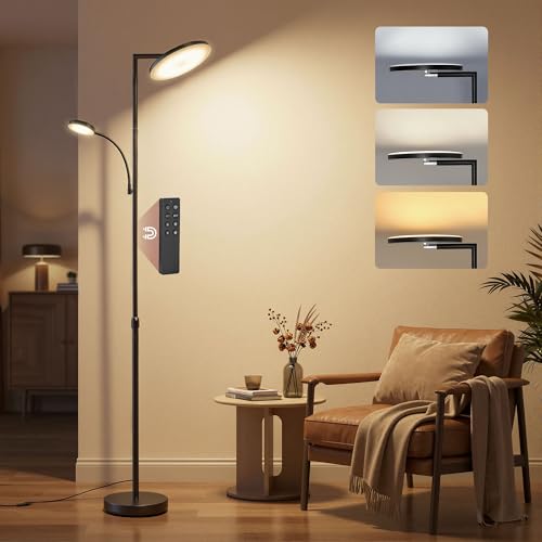 VASAGLE Lampadaire LED Réglable en Hauteur, Lampe sur Pied 42 W, Tête Orientable, pour Chambre, Bureau, Lampe de Lecture, Minuterie, Commande par Boutons et...