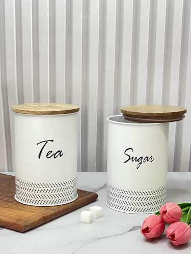 Image of JISCOVERY Airtight Tea & Sugar Container Set of 2| Metal Storage Canister with Wooden Lid for Kitchen| Storage Box for Kitchen Counter Top| 1300 ML| White
