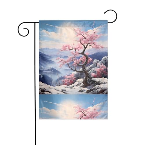 BROLEO Fleurs de prunier sur des montagnes enneigées - Mât de drapeau de jardin - Décoration extérieure - Double face - 30,5 x 45,7 cm