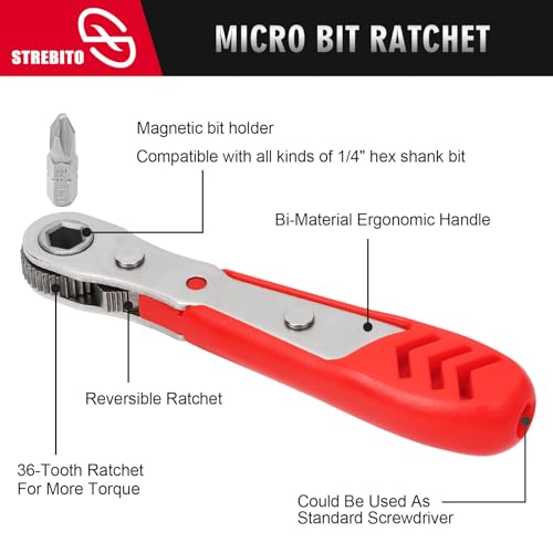 Image of STREBITO Right Angle Screwdriver 14 Piece Mini Ratchet Set, Offset Screwdriver Low Profile Ratchet Screwdriver Set with 1 /4 Ratchet, Hex, Phillips, and Torx, EDC Bit Driver for Tight Spaces, Bike
