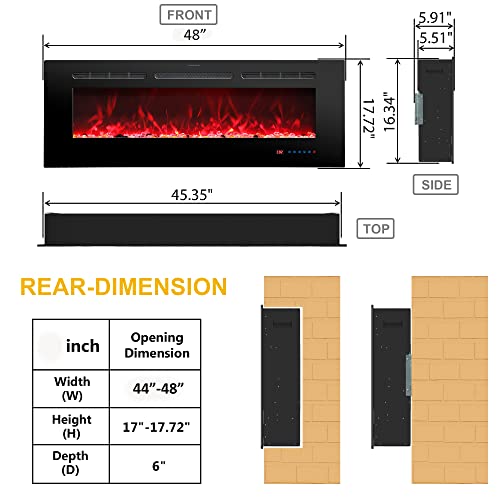 Rodalflame 48 Inches Electric Fireplace Inserts, Recessed And Wall Mounted Fireplace Heater For Indoor Use With Remote Control, 13 Color Flames With Log &Crystal, 9H Timer, 750/1500W #TOP3