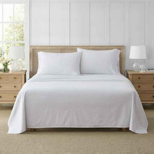 Image of Martha Stewart - King Sheet Set with Fitted Sheet & Pillowcases, Soft Cotton Flannel Bedding, Deep Pocket, Ticking Stripe Blue