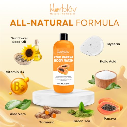 Herblov Kojic Acid Soap for Hyperpigmentation – Skin Brightening Kojic Papaya Body Wash – Dark Spot Soap Reduces Acne, Scars, and Evens Skin Tone – Turmeric Body Wash for Brighter Glowing Face