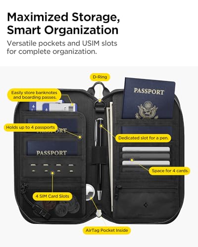 Spigen Life Passport Holder for Family, Passport Wallet Travel Documents Organizer Passport Holder with RFID Blocking, SIM Card Holder and Eject Pin, Wrist strap, up to 4 Passports- Black4