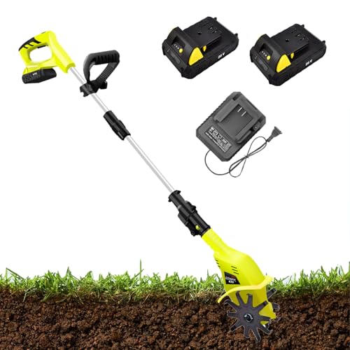 Rotavator de jardín inalámbrico, cultivador de Suelo eléctrico portátil con 2 baterías Recargables de 4000 mAh, Cargador y Poste Ajustable, Profundidad de labranza de 50 mm, para jardín, arado