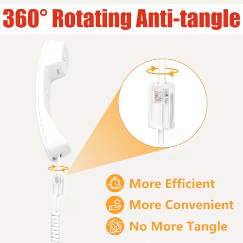 Image of Uvital 1 Pack Telephone Handset Cords with Detanglers, RJ9 4P4C, White | Landline Phone Cord Cable 10Ft Uncoiled(1.2Ft Coiled) , 360 Rotating Anti-Tangle Swivel Telephone Cords Untangler, Office
