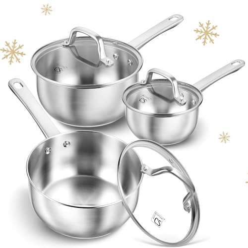 KOCH SYSTEME CS Stainless Steel Saucepan Set, 1QT & 2QT & 3QT Sauce Pan, Premium 18/10 Steel Sauce Pan Set, Induction Saucepans, Stainless Steel Pot Set 6 Piece, Easy to Clean, Oven Safe