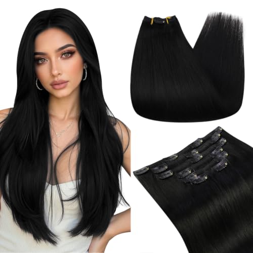 Image of Ugeat 24 Inch Jet Black Hair Extensions Clip in Remy Human Hair Long Straight Real Human Hair Clip in Extensions Full Head Set for Black Women 7pcs