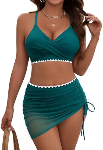 Women's Bikini Sets V Neck High Waisted Swimsuits Twist Front Shell Stitched Two Piece Swimsuit