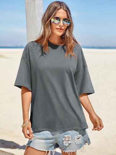 Image of Tankaneo Womens Oversized Tshirts Summer Casual Short Sleeve Crew Neck T Shirt Loose Fit Side Slit Tee Tops
