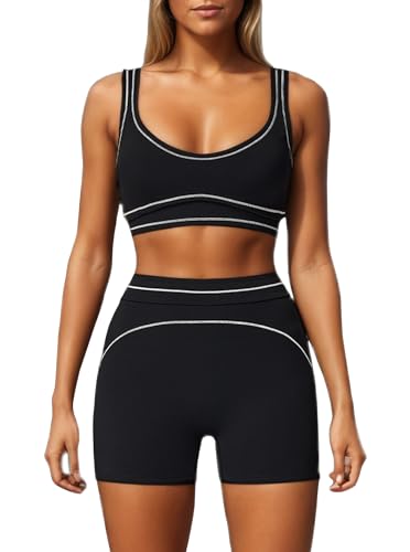 AGECODE 2 Piece Workout Sets for Women Color Block Sports Bra and Scrunch Butt Lifting Gym Shorts...