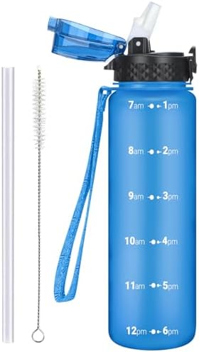 OLDLEY 1L/32oz Sports Water Bottle with Straw, 1000ml Motivational Drinks Bottle with Time Markings Leak Proof Drink & Lock Cover, BPA Free for Gym School Cycling Running Hiking