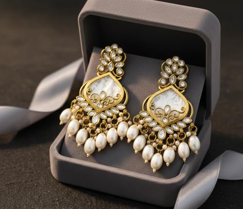 Image of Traditional 20K Gold Plated Kundan Chandbali Earrings with Black Beads and Faux Pearls for Women - Ethnic Wedding & Partyy Wear Statement Jewelry