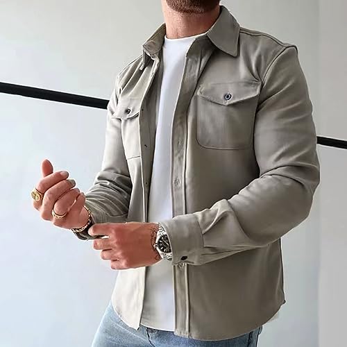 Men's Sherpa Shirt Jacket Flannel Shackets Casual Long Sleeve Button Down Lightweight Shirt Jacket Coats with Pockets3