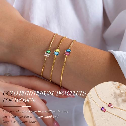 Birthstone Bracelets for Women, Dainty Gold Bracelet with Birthstone Birthday Gifts for Her Mothers Day Gifts Trendy Stuff 14k Plated Adjustable Link Bracelet Anniversary Christmas Jewelry