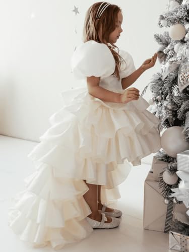 Custom Flower Girl Dresses Tiered with Bow and Tailing Short Sleeve for Wedding Birthday Party Holy Communion Gowns4