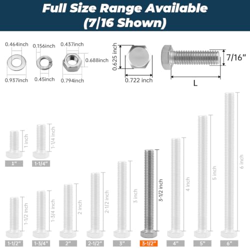 Image of 6 Sets Glvaner 7 /16-14 x 3-1 /2 inch Stainless Steel Hex Head Screws Bolts, Nuts, Flat & Lock Washers, 18-8 (304) Stainless Steel, Full Thread, Coarse Thread