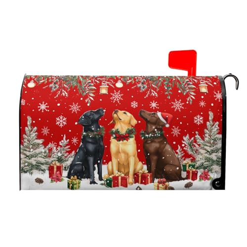 Image of Christmas Dog Mailbox Cover with Magnetic 25.5x21 Inch Xmas Puppy Trees Winter Snowflakes Waterproof Mailbox Wrap Letter Post Cover Large Size for Garden Yard Outdoor New Year Decor
