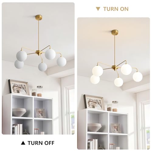 Image of 5 Light Modern Brass Chandelier Mid Century Gold Ceiling Light Fixture White Glass Globe Sputnik Chandelier for Dining Room Bedroom Kitchen