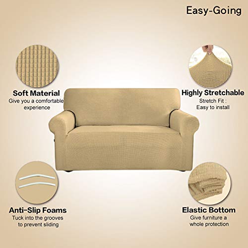 Image of Easy-Going Stretch 4 Seater Sofa Slipcover 1-Piece Sofa Cover Furniture Protector Couch Soft with Elastic Bottom for Kids, Polyester Spandex Jacquard Fabric Small Checks Beige