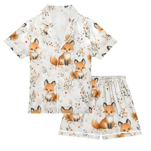 ALAZA Fox Flower Leaf Blossom Satin Pajamas Set Short Sleeve Button Down Sleepwear Summer Pjs 2 Piece